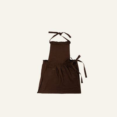 The Hosting Apron (Size 2) is a cute brown apron with a neck loop, waist ties, and a front pocket, shown flat on a plain light background.