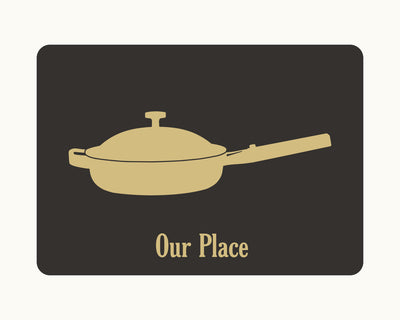 A graphic of a gold-colored skillet with a lid and handle, centered above Our Place Gift Card on a dark background—an ideal choice for housewarmings or wedding celebrations.