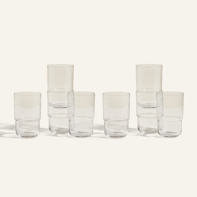 Eight Tall Night + Day Glasses, each 16 oz, are stacked in pairs and arranged in two rows of four on a plain light background.