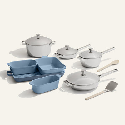 chrome titanium perfect pot pro, mini perfect pot pro, mini always pan pro non toxic frying pan, always pan pro non toxic frying pan and blue bakeware set with silicone spoon and stainless steel spatula