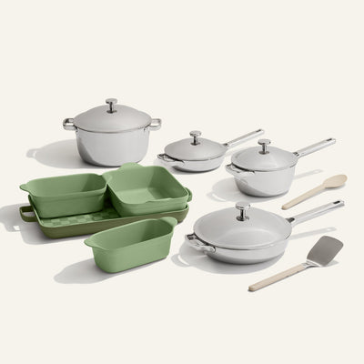 chrome titanium perfect pot pro, mini perfect pot pro, mini always pan pro non toxic frying pan, always pan pro non toxic frying pan and green bakeware set with silicone spoon and stainless steel spatula