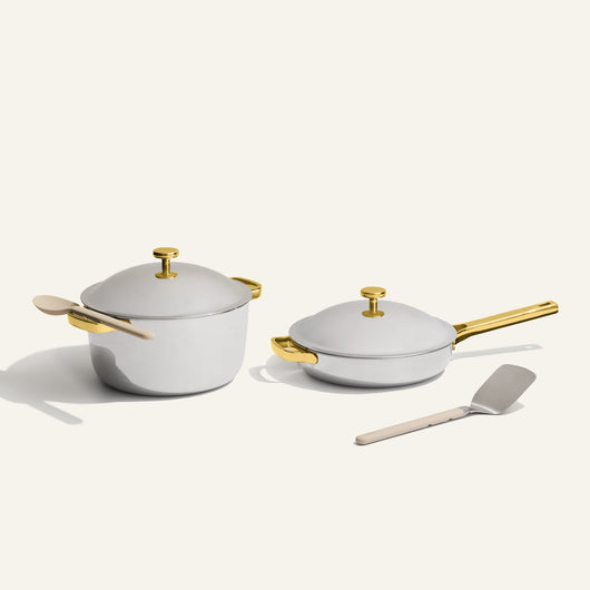 gold titanium perfect pot pro and always pan pro non toxic frying pan with stainless steel spatula and silicone spoon