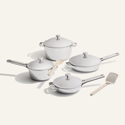 chrome titanium perfect pot pro, mini perfect pot pro, always pan pro non toxic frying pan, and mini always pan pro non toxic frying pan with silicone spoon and stainless steel spatula