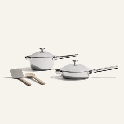 chrome titanium mini always pan pro non toxic frying pan and mini perfect pot pro with stainless steel spatula and silicone spoon